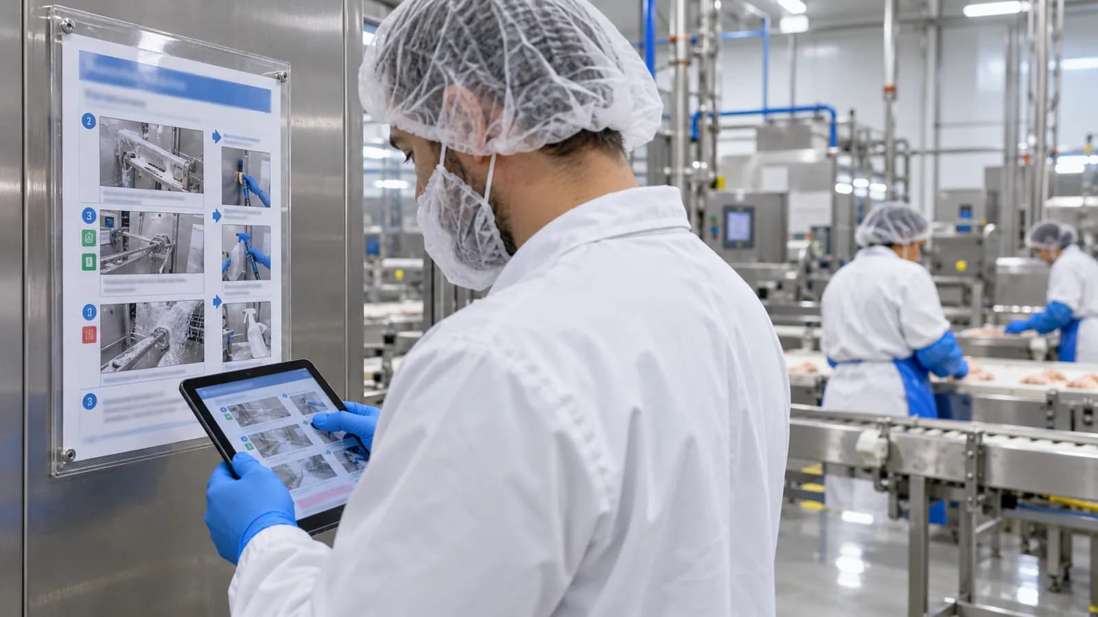 Employé en tenue d'hygiène consultant une procédure sur tablette dans une usine alimentaire