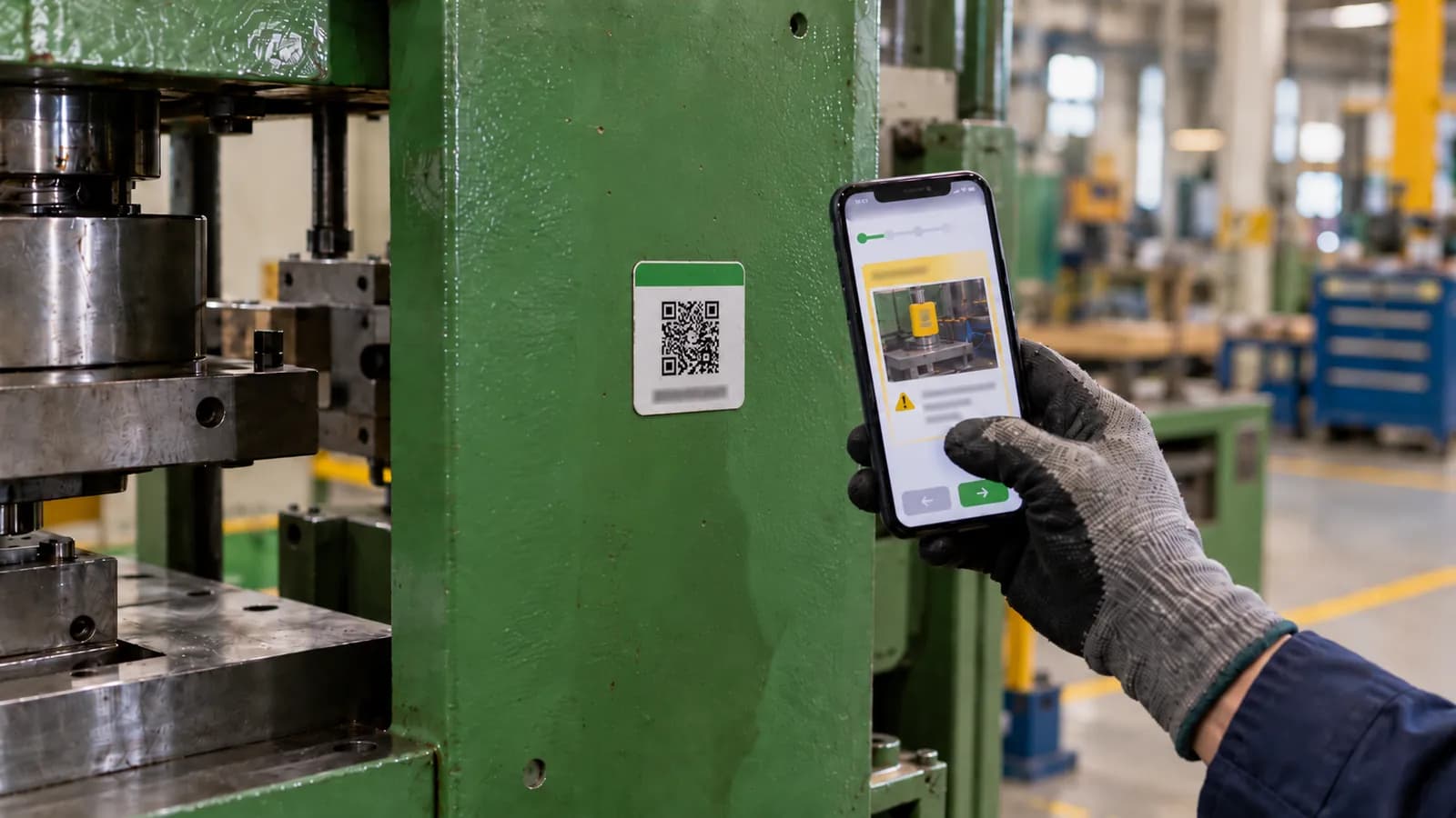 Étiquette QR collée sur une presse ; le téléphone qui l'a scannée affiche la procédure étape par étape