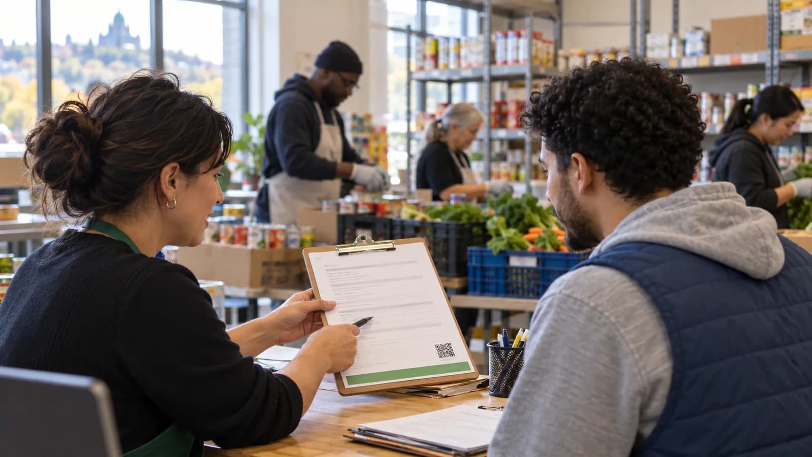 Accueil d'une banque alimentaire : une coordonnatrice montre une politique imprimée avec son code QR à un bénévole